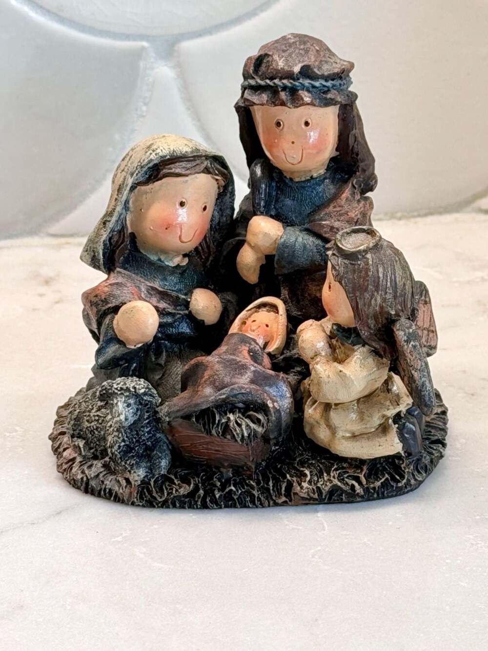Childlike Nativity Scene Figurine Holy Family with Angel and Sheep